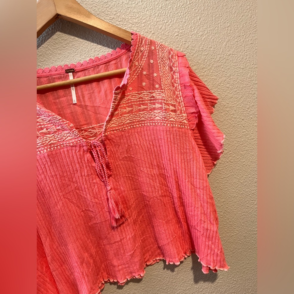 Free People Sarafina Top Boho Cottage Core Embroidered Flutter Crop Pink XL - Picture 6 of 15